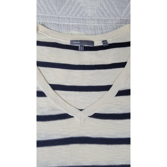 Vince Striped V-Neck Sweater Women’s Large 100%‎ Cotton Navy Cream - Picture 5 of 11